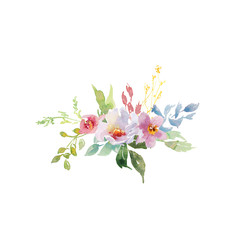 Wedding bridal romanric rustic bouquet. Hand drawing watercolor red and pink and green flowers ornament