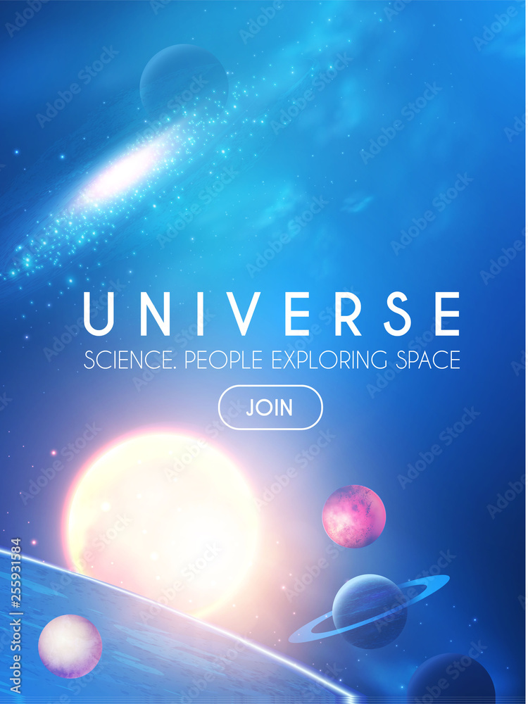 Wall mural planets in universe with star, nebula and galaxy lights. 3d realistic space. cosmos design.