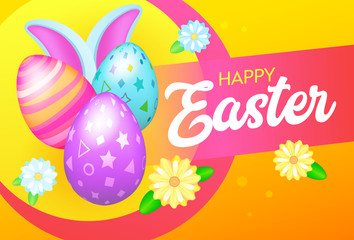 Happy Easter Banner with Eggs and Rabbit