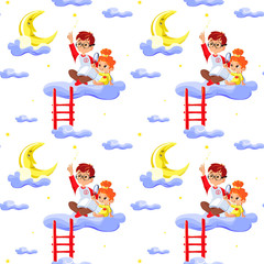 Obraz premium Seamless children pattern with cute boy and little girl, clouds, stars and moon. Creative kids texture for fabric, wrapping, textile, wallpaper, apparel. Concept of children's learning.