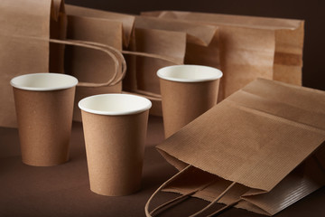 Eco friendly bags and cups for food and drink made from paper