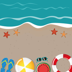 different beach utensils summer holiday background with flip flops sunglasses starfish and watermelon vector illustration EPS10
