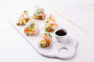 Vietnamese spring rolls with shrimps and vegetables. Copyspace