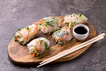 Vietnamese spring rolls with shrimps and vegetables. Copyspace