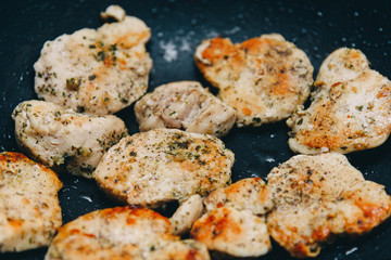 Fried chicken breast. Chicken breast in a pan. Chicken with spices.