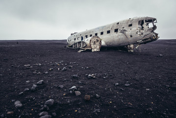 Side view of Solheimasandur US plane wreck in south part of Iceland