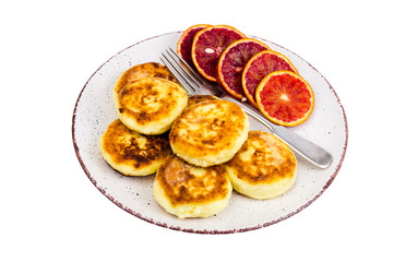 Hot tasty curd cheesecakes on plate.