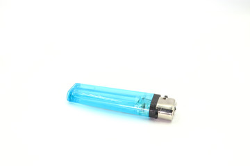 Blue plastic gas lighter. Gas lighter isolated on white background. Closeup shot, top view