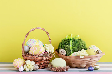 Traditional Easter basket with eggs.