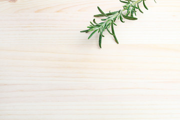 Rosemary (Rosmarinus officinalis) twig on wooden table