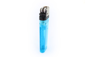 Blue plastic gas lighter. Gas lighter isolated on white background. Closeup shot, top view