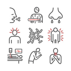 Pertussis. Whooping cough, Symptoms, Treatment. Line icons set. Vector infographics.