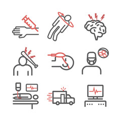 Man in a coma. Hospital bed. Infographic line icons. Vector