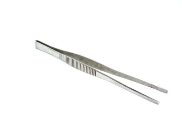 Closeup of dirty medical pincette isolated on white background.