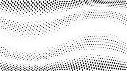Halftone gradient pattern. Abstract halftone dots background. Monochrome dots pattern. Grunge texture. Pop Art, Comic small dots. Wave twisted dots. Banner with space. Template for cover, card, flyer