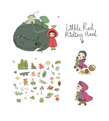 Set with Little Red Riding Hood fairy tale. Little cute cartoon girl and wolf. Hand drawing isolated objects on white background. Vector illustration.