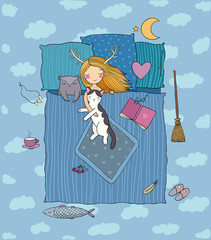 Sleeping girl and cat. Good night. Sweet Dreams.