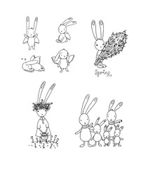 Fototapeta premium Set with Easter hares. Cute cartoon rabbits. Coloring book - Vector