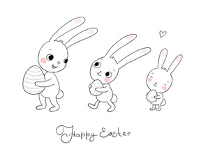 Obraz na płótnie Canvas Easter bunnies. Cute cartoon hares with eggs. - Vector