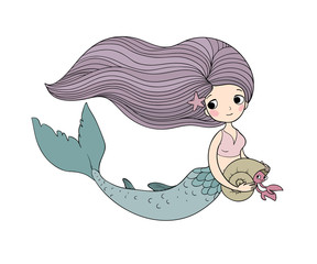 Cute cartoon little mermaid. Siren. Sea theme.