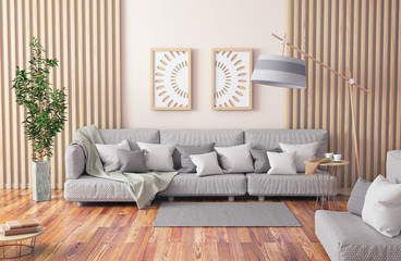 Interior design of modern living room with gray sofa, coffee table and plant, 3d rendering