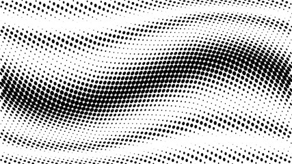 Halftone gradient pattern. Abstract halftone dots background. Monochrome dots pattern. Grunge texture. Pop Art, Comic small dots. Wave twisted dots. Banner with space. Template for cover, card, flyer