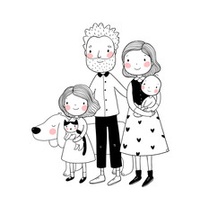 A happy family. Parents with children. Cute cartoon dad, mom, daughter and son.