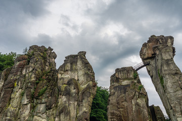 Sandstone rock formation Externsteine in Teutoburg Forest, Germany
