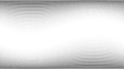 Halftone gradient pattern. Abstract halftone dots background. Monochrome dots pattern. Grunge texture. Pop Art, Comic small dots. Wave twisted dots. Banner with space. Template for cover, card, flyer