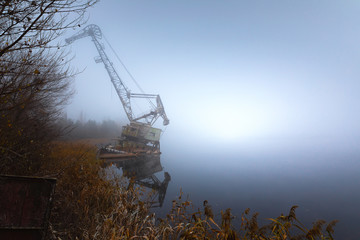 Rusty old industrial dock cranes at Chernobyl Dock, 2019