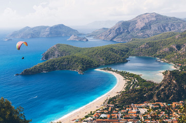 Aerial view of paraglider and Blue Lagoon in Oludeniz, Turkey.