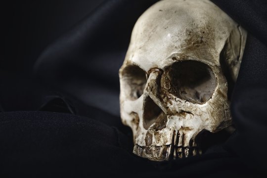 Closeup photo af old skull covered in black robe