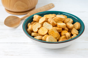 Rusks on a plate. Dried bread. Crispy rusk