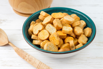 Rusks on a plate. Dried bread. Crispy rusk