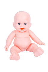 Baby doll isolated on white background. Girl baby doll toy isolated