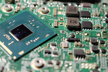 Closeup view at laptop motherboard and components.