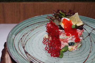 Salad, caviar, red, salmon, eggs, food, traditional, gourmet, new, carrot, Olivier, Closeup, White, Healthy, Orange, Freshness, meal, snack, dinner, plate, fish, refreshment, appetizer, seafood, porti