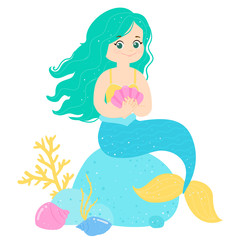 Cartoon smile mermaid with cshell in her hands