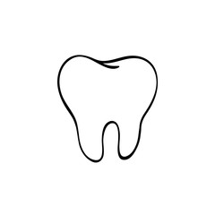 Tooth Logo. Hand-drawn black lines sketch molar. Doodle drawing, element, icon component for illustration, design brochures for dentistry, medical manuals, books or packaging. Isolated vector object