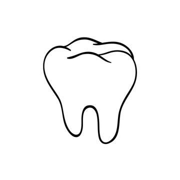 Tooth Logo. Hand-drawn black lines sketch molar. Doodle drawing, element, icon component for illustration, design brochures for dentistry, medical manuals, books or packaging. Isolated vector object
