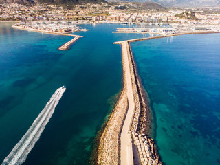 Aerial view of Denia port. The city and Montgo mountain in the background.