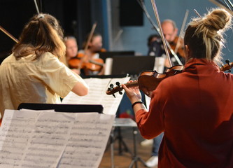 abstract blurred image. Actor violinist playing the violin strings. Musician plays a musical instrument on the concert stage  © Sanja