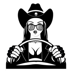 Western Cowgirls - feminist driver. Cowgirl hat. girl in sunglasses