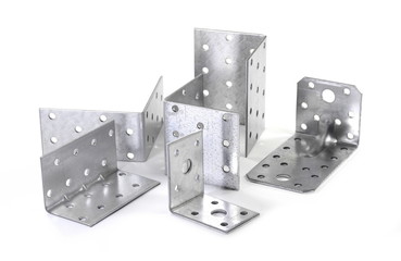 Mounting angle metal brackets isolated on white background.