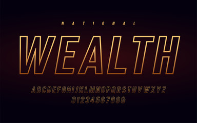 Obraz premium Stylish condensed gold alphabet, uppercase letters and numbers. 