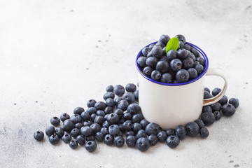 Fresh raw organic blueberries with leaf in white cup from enamel on white background. Vintage food photo