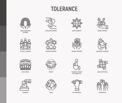 Tolerance thin line icons set: gender, racial, national, religious, sexual orientation, educational, interclass, for disability, respect, self-expression, human rights, democracy. Vector illustration.