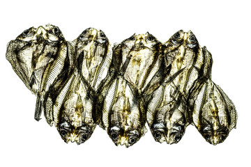 Salty dried fish on white background