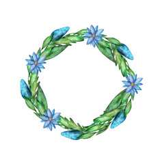 Hand drawn watercolor illustration. Wreath with botanical spring leaves. Greenery. Floral Design elements. Perfect for wedding invitations, cards, prints, posters
