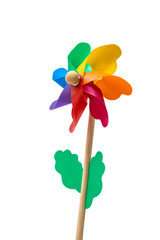 A Catherine wheel wind (pinwheel) isolated on white background. Colors: green, yellow, blue, purple, fuchsia, orange, red. Child's toy made of plastic curls attached to a wooden stick. Like a flower.